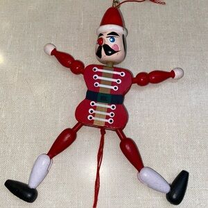 Vintage Toy Soldier Wooden Jumping Pull String Christmas Ornament
